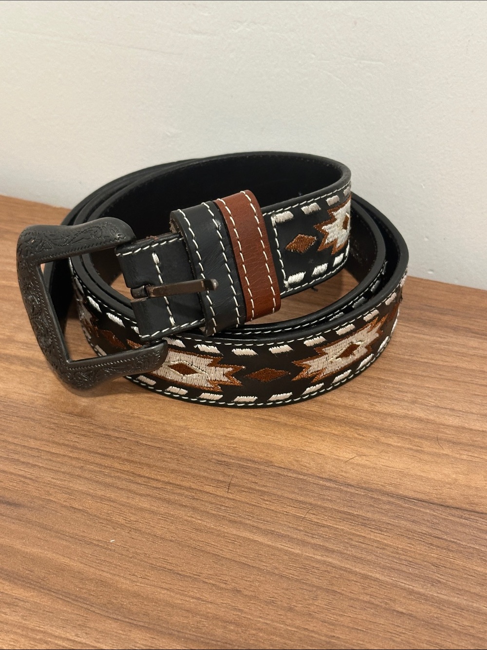 American Bison ,Black Leather Belt with Brown and Cream Southwestern Embroidery